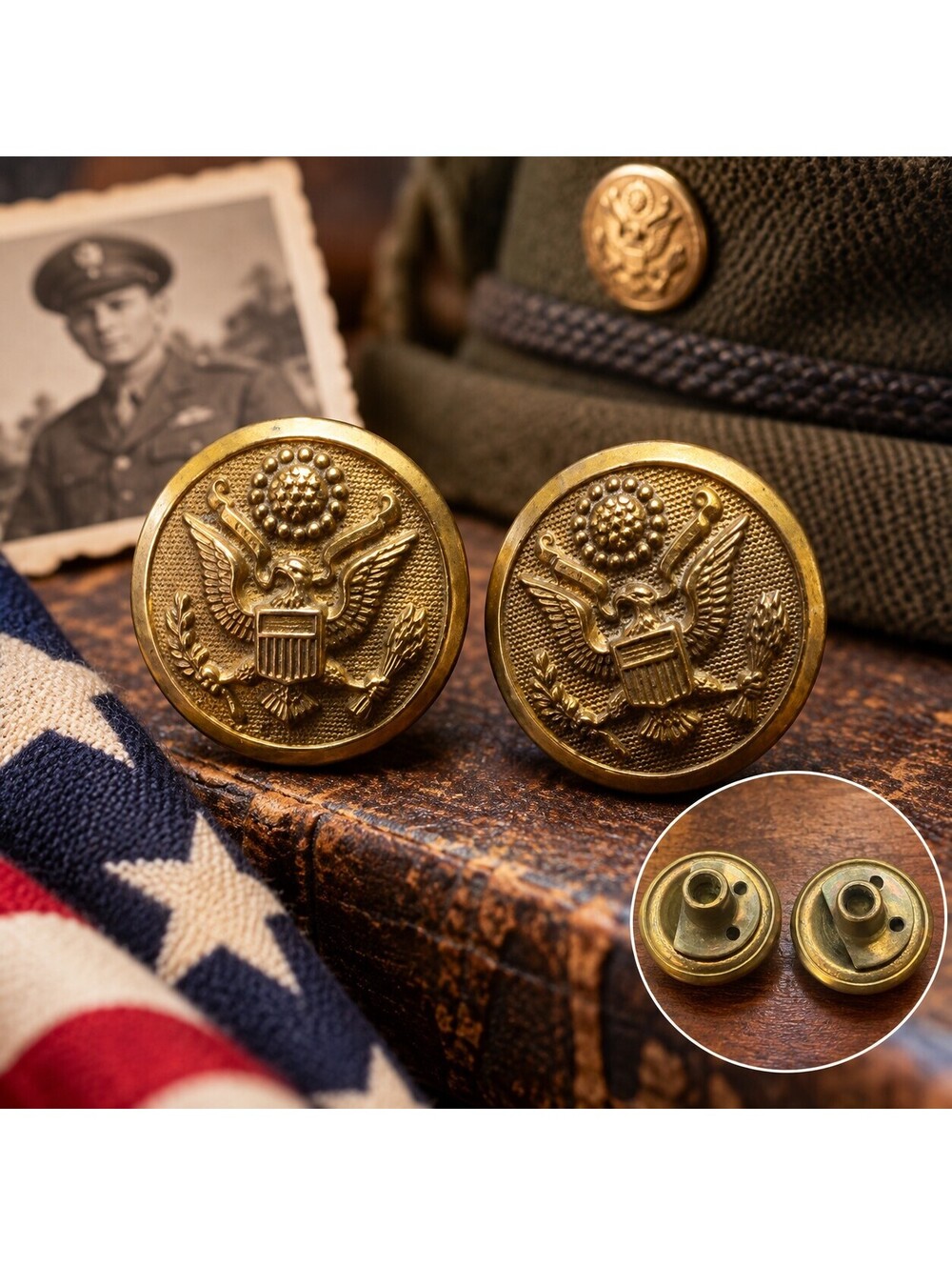 Vintage US Army Great Seal Eagle Buttons Pair Brass Screw Back Military